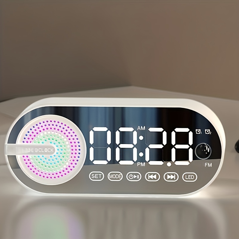 digital alarm clock with dual speakers wireless 3d surround sound low latency long battery life ambient led light modern design ideal gift details 0