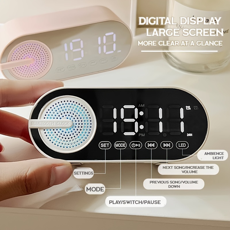 digital alarm clock with dual speakers wireless 3d surround sound low latency long battery life ambient led light modern design ideal gift details 2