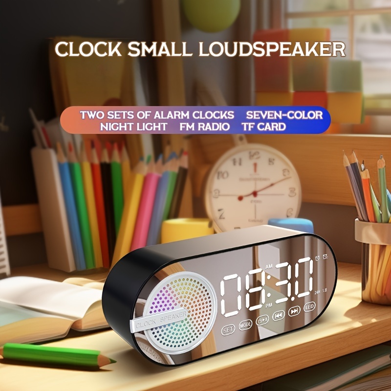 digital alarm clock with dual speakers wireless 3d surround sound low latency long battery life ambient led light modern design ideal gift details 4