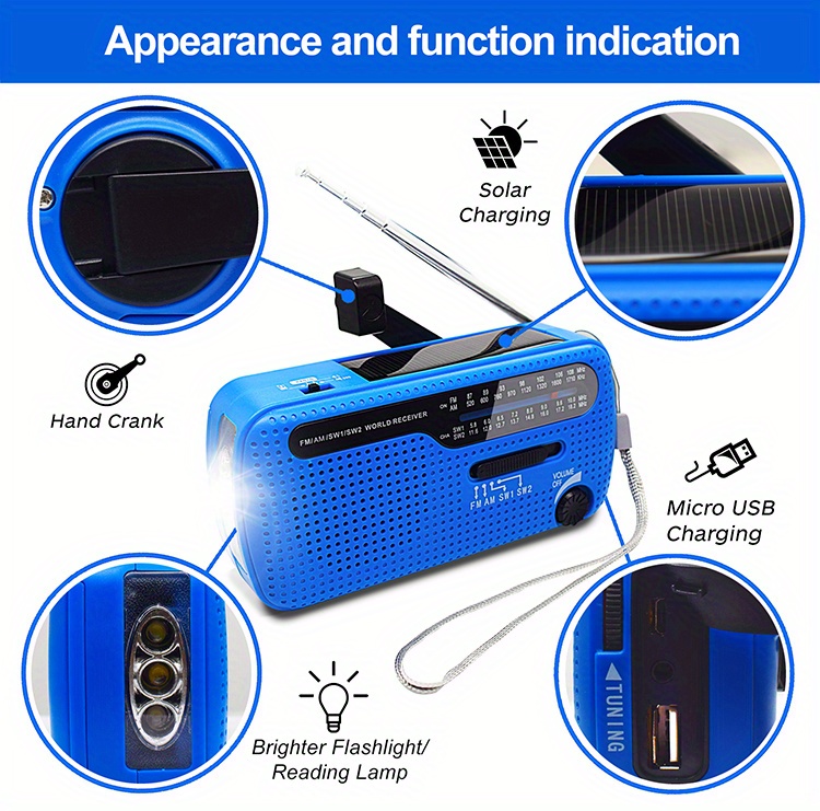 emergency radio solar hand crank powered radio am fm sw with led flashlight mobile phone charging and sos alarm details 4