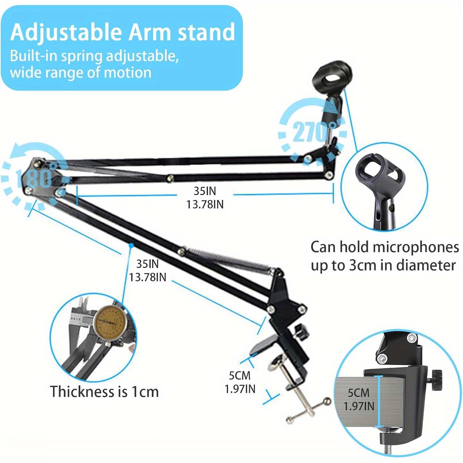 adjustable desktop microphone stand with f clamp sturdy metal arm for live streaming singing office use xlr connector details 0