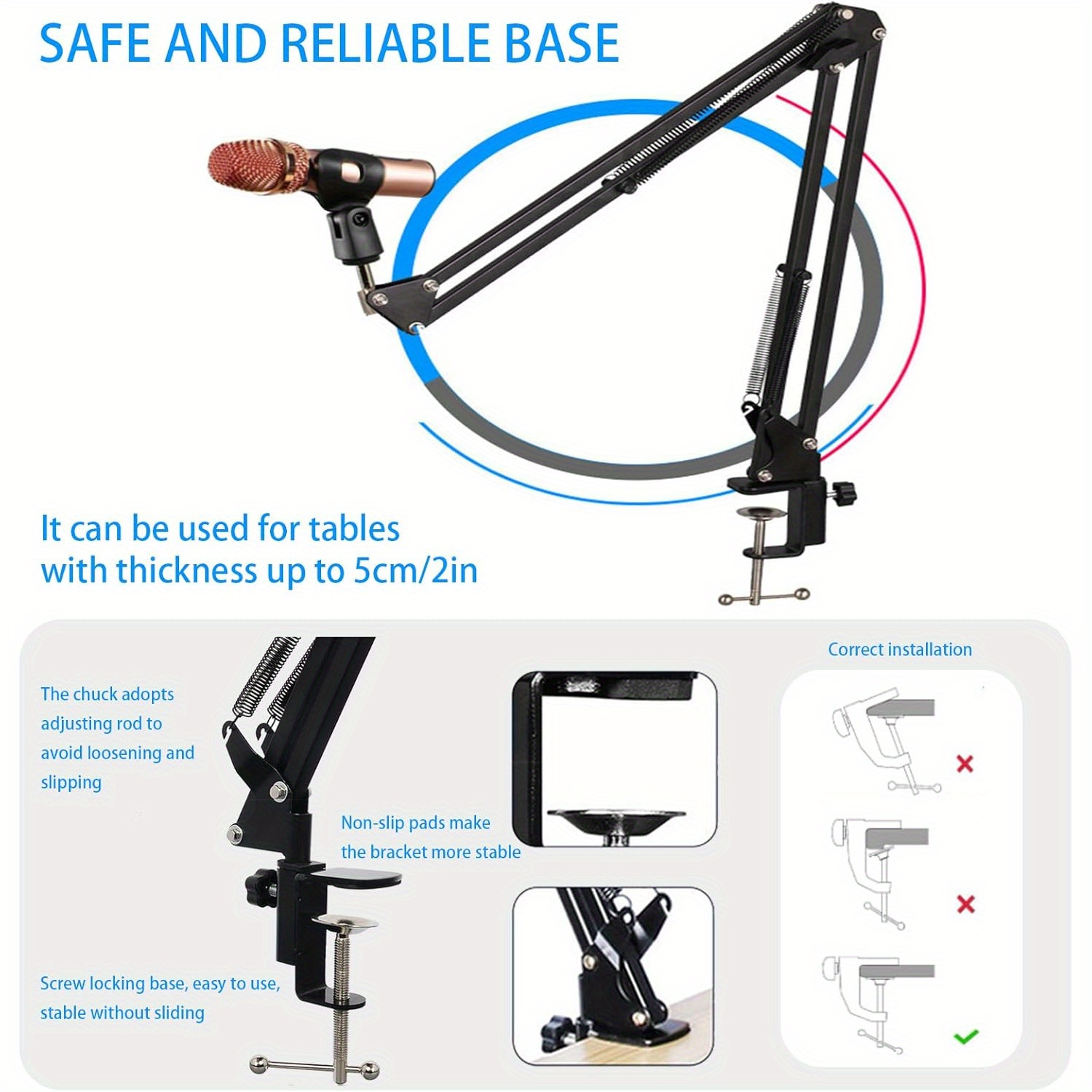 adjustable desktop microphone stand with f clamp sturdy metal arm for live streaming singing office use xlr connector details 3