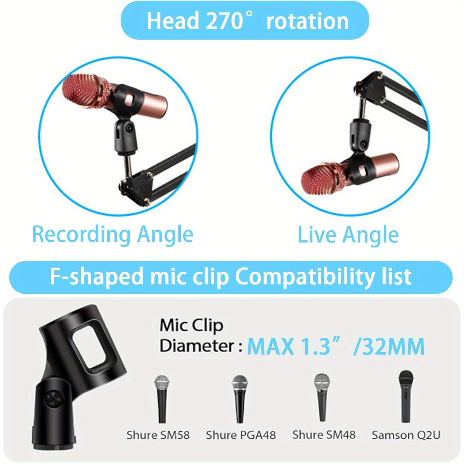 adjustable desktop microphone stand with f clamp sturdy metal arm for live streaming singing office use xlr connector details 5