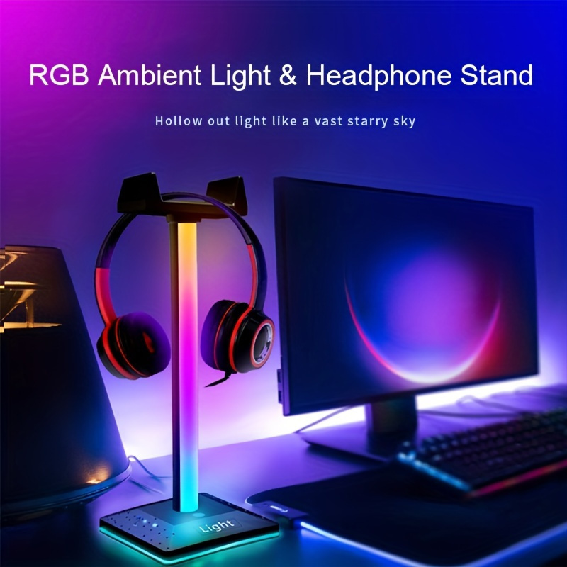 1pc rgb gaming headset holder desktop ambient light usb charging port headset holder 7 lighting modes ghost headset holder light for   headset accessory one of the best gifts for boyfriend details 0