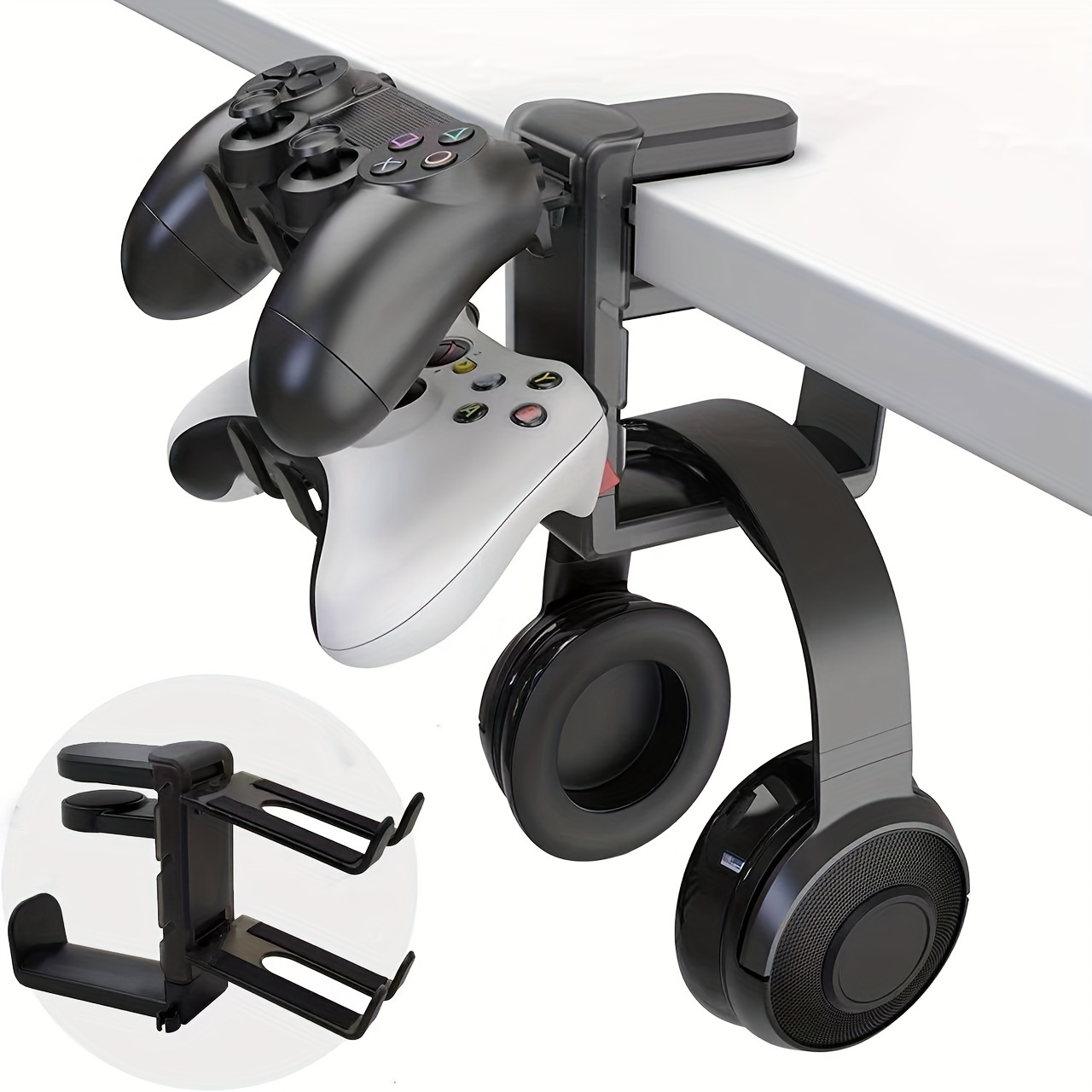 adjustable abs under desk headphone holder hanger with swivel clamp non   stick on mount rotating arm for gaming headset storage details 0