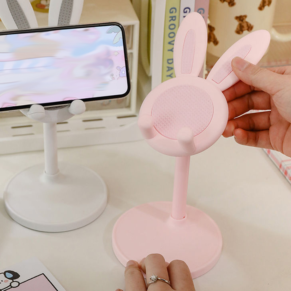 adjustable cute cartoon   universal tablet holder with extending ears abs desk mount bracket for smartphones and tablets details 1