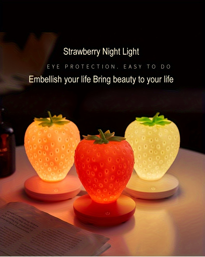 1pc usb rechargeable strawberry lamp bedroom bedside atmosphere light led fruit night light gift for boys and girls eid al adha mubarak details 0