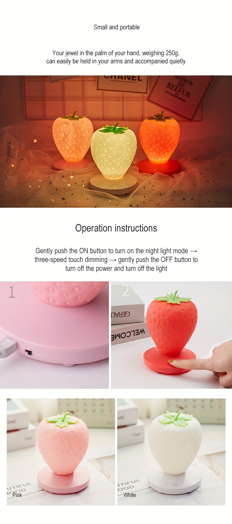 1pc usb rechargeable strawberry lamp bedroom bedside atmosphere light led fruit night light gift for boys and girls eid al adha mubarak details 3