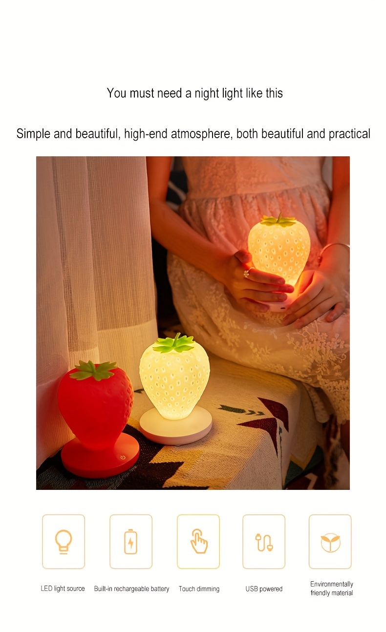 1pc usb rechargeable strawberry lamp bedroom bedside atmosphere light led fruit night light gift for boys and girls eid al adha mubarak details 4