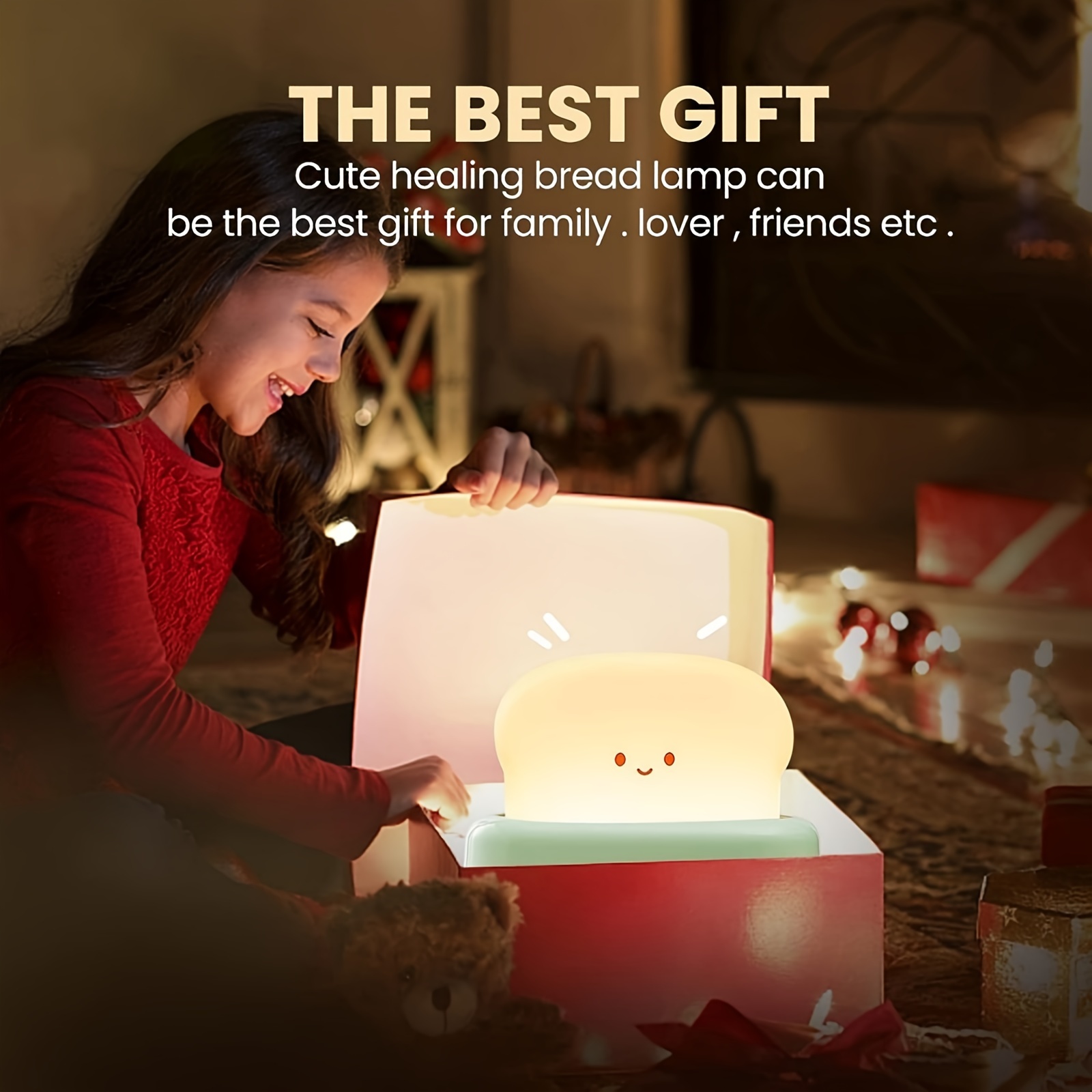 3000k usb rechargeable cute toaster shape led table lamp heartwarming decorative table lamp toast bread led night light creative design bread night light suitable for family use perfect birthday christmas gift green orange pink details 2