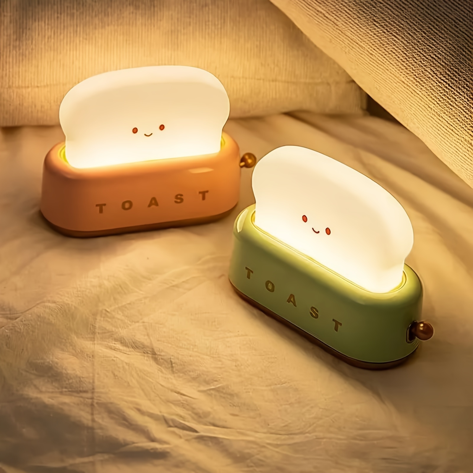 3000k usb rechargeable cute toaster shape led table lamp heartwarming decorative table lamp toast bread led night light creative design bread night light suitable for family use perfect birthday christmas gift green orange pink details 4