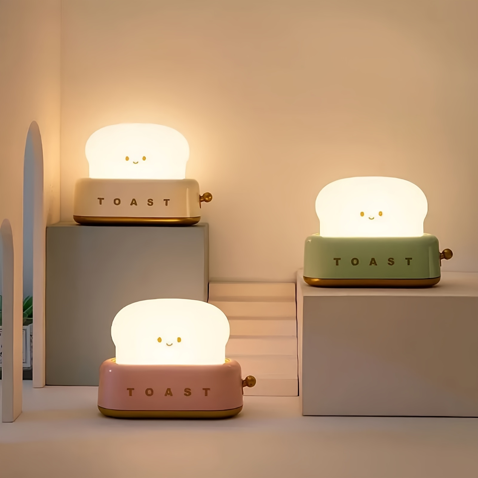 3000k usb rechargeable cute toaster shape led table lamp heartwarming decorative table lamp toast bread led night light creative design bread night light suitable for family use perfect birthday christmas gift green orange pink details 7