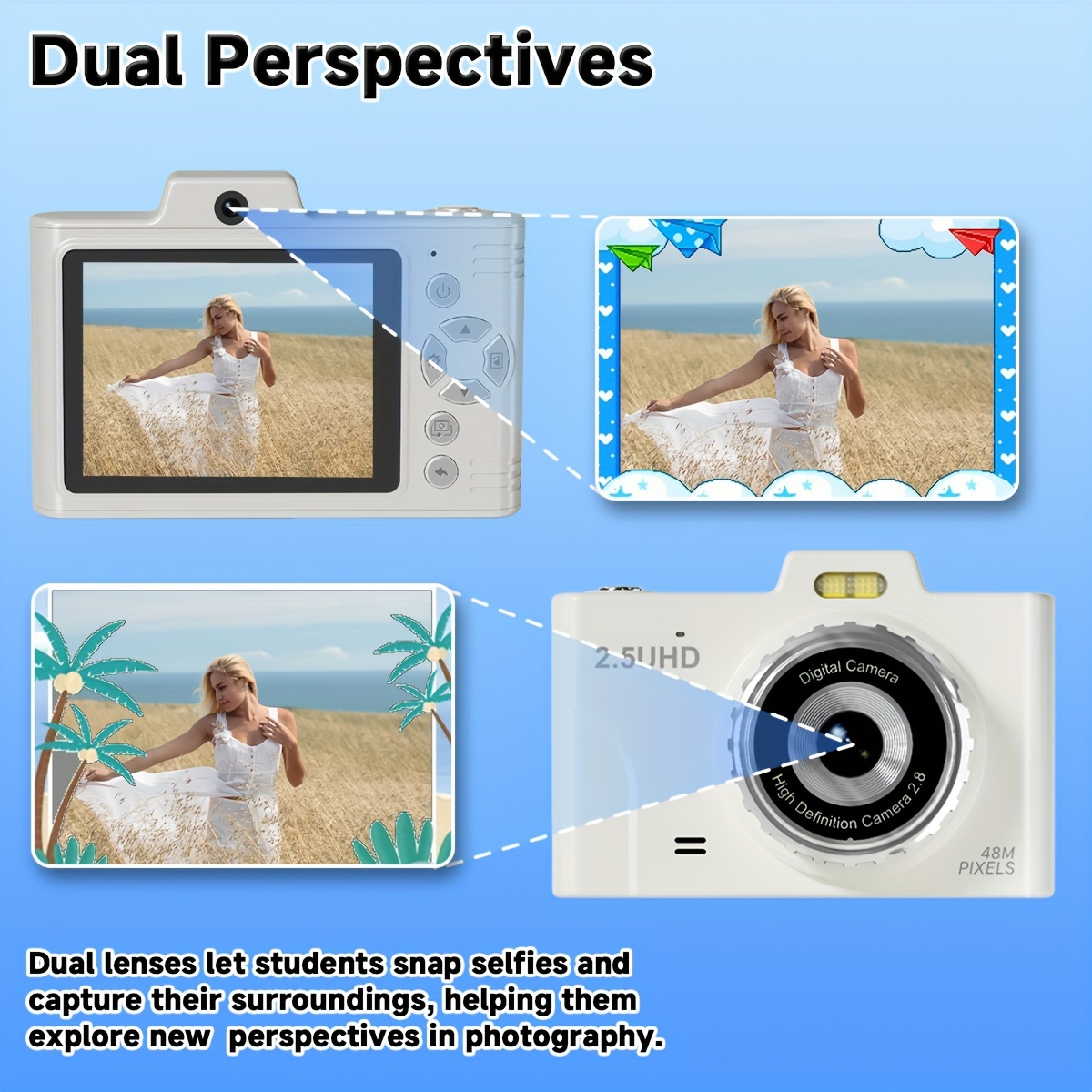 digital camera fhd 2 5k 48mp dual camera with 32gb memory card 8x digital zoom card reader lanyard portable compact small play camera gift for beginners with card details 12